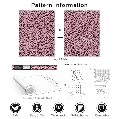 Simon&Siff Leopard Print Peel and Stick Wallpaper 17.3"x400" Black/Pink Removable Wallpaper Renter Friendly Waterproof Contact Paper for Bedroom Bathroom Living Room Cabinet - color: Pink, size: 17.3" x 400"