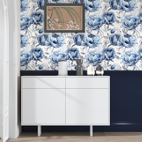 BOKEBEVE Boho Floral Wallpaper Peel and Sticck White Blue 17.5 x 118In - color: White/Blue, size: 17.5" x 118"