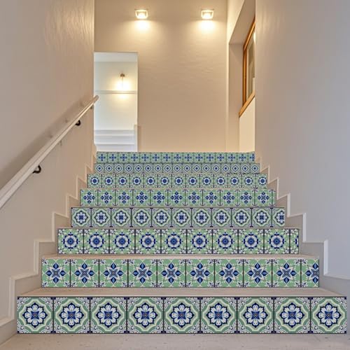 36 Pcs 4 Style Retro Pastoral Pattern Tile Stickers, 4x4inch - color: Blue-green Pattern