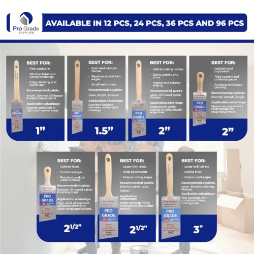 Pro Grade Angle Paint Brushes, Paint Brush Set for Trim & Walls, 6 Pc