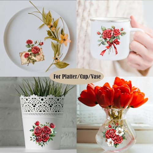 ZMRU 24 Sheets of Watercolor Style Rub on Transfers for Crafts - Perfect for Glass, Porcelain, Leather, Canvas, and Fabric Projects - IOD Transfers Included,3 * 3inch (Red Rose) - style: Red Rose