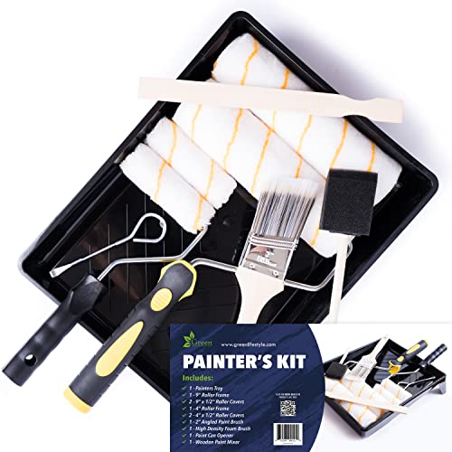 Premium Painting Tool Kit with Roller Covers, Roller Frames, Brushes and Tray for Household Painting Touch-ups, Cabinets and Crafts (11-Piece)