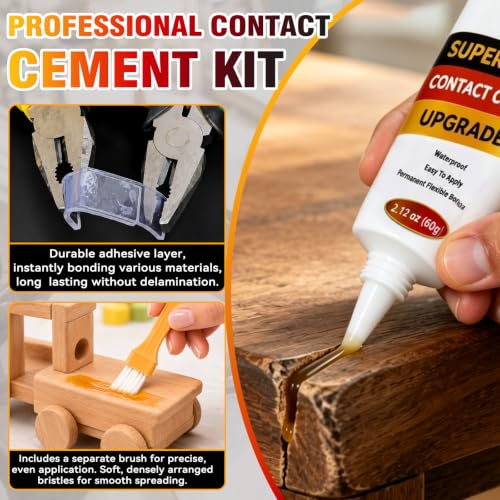 Contact Cement Adhesive, High Performance Neoprene Contact Adhesive with Brush, Waterproof Contact Cement Glue for Wood, Leather, Shoe, Furniture Repairs and Crafts, Flexible and Strong Bonding