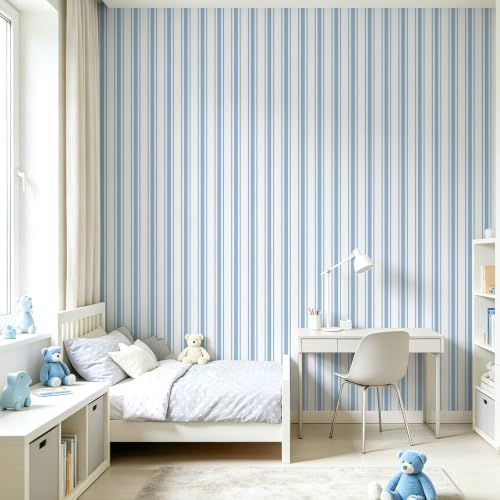 Blue Striped Peel and Stick Wallpaper 17.3" x 1200" - color: Blue, size: 17.3" x 1200"