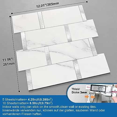 Subway Backsplash Peel and Stick Backsplash Tile White Silver 10pcs - color: White Silver, size: 10sheets