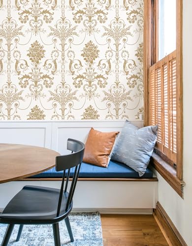 Damask Floral Peel and Stick Wallpaper Removable Gold Flowers Contact Paper - color: Gold, size: 17.3" x 118"