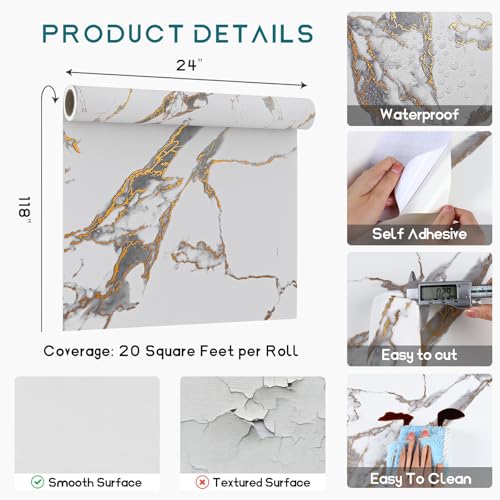 VEELIKE Luxurious Gold White Marble Contact Paper for Countertops Waterproof Peel and Stick Countertops Contact Paper 118''x24'' Wide Thick Marble Wallpaper Peel and Stick for Kitchen Bathroom Counter - size: 24" x 118"