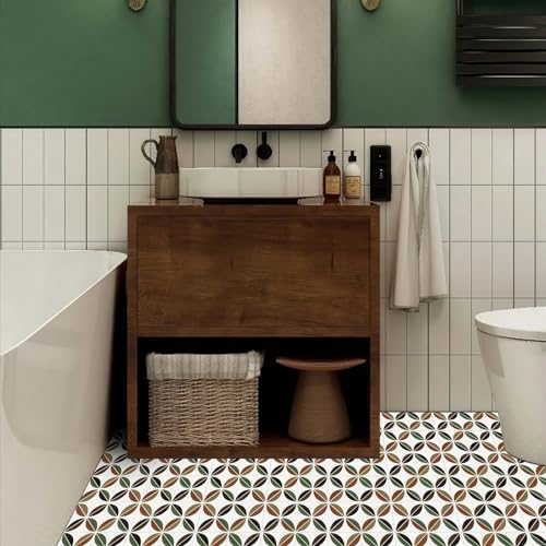 HOMETITUTE Retro Mid Century Leaf 12x12 Inch Peel Stick Vinyl Tile - color: Green, Brown