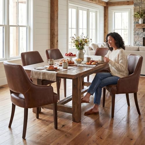 chairus Farmhouse Dining Chairs with Arms Set of 4, Brown PU Leather Upholstered Kitchen & Dining Room Chairs, Curved Open Back Chairs with Walnut Solid Wood Legs & Thick Cushion, Brown - color: Brown