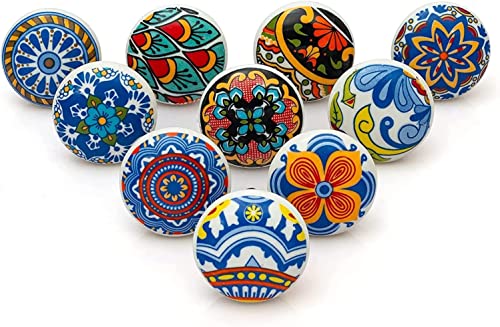 Handmade Set of 10 Ceramic Drawer Knobs for Home, Kitchen, Bathroom or Office | Comes with Bolts, Washer and Closing Dome Nuts (Multicolor)