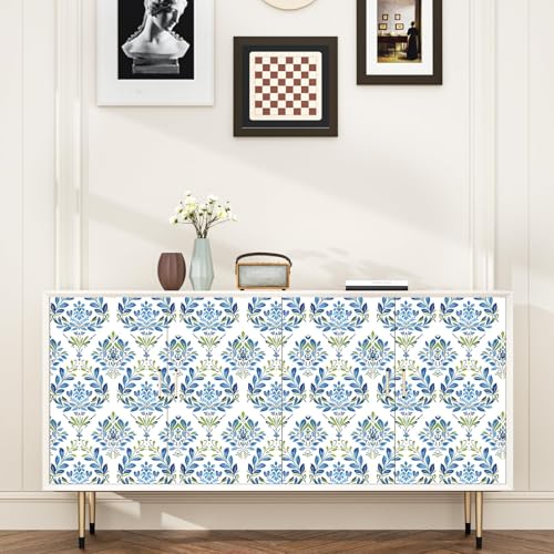 BOKEBEVE Boho Floral Peel and Stick Wallpaper Blue White 17.5 x 393.5In - color: Blue/White, size: 17.5" x 393.5"