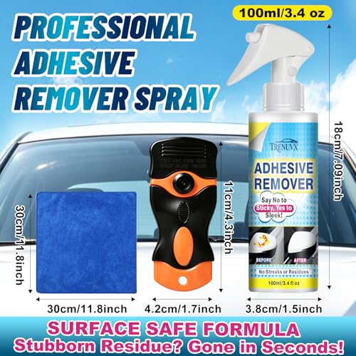 Adhesive Remover for Cars, Car Glue & Sticker Remover Spray, Removes Decal, Label & Tape Residue, Safe for Car Paint, Glass, Metal & Plastic, Includes Scraper, Spatula & Towel, 3.4oz/100ml