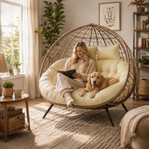 Outdoor Double Egg Chair Cushion Replacement Waterproof Thickened Cotton Hanging Basket Egg Chair Cushion 55x35 Inch Universal Fit for Patio Wicker Swing Chair (Biege) (Cushion ONLY) - color: Biege