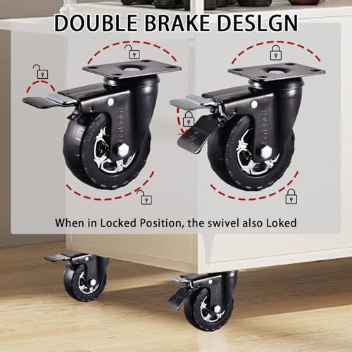 Heavy Duty 4 Inch Caster Wheels Set of 4 2200Lbs Capacity Silent Swivel with brake & Rigid TPR Rubber Wheels Locking Industrial Plate Casters for Cart Furniture Workbench 2 Fixed & 2 Swivel with Brake