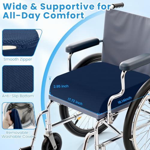 Wheelchair Seat Cushion - Cooling Gel & Memory Foam Office Chair Cushion with Non-Slip Bottom & Washable Cover, Ergonomic Car Seat Pillow for Sciatica, Tailbone, Back Comfort (Navy Blue) - color: Navy Blue