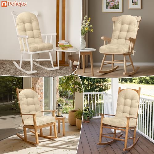 Rocking Chair Cushion - Chenille Fabric, High-Density Sponge, Durable Comfort Non-Slip Bottom Tufted Seat Pads with Ties, Chenille︱Ivory, 44x19x4 inch - color: Ivory