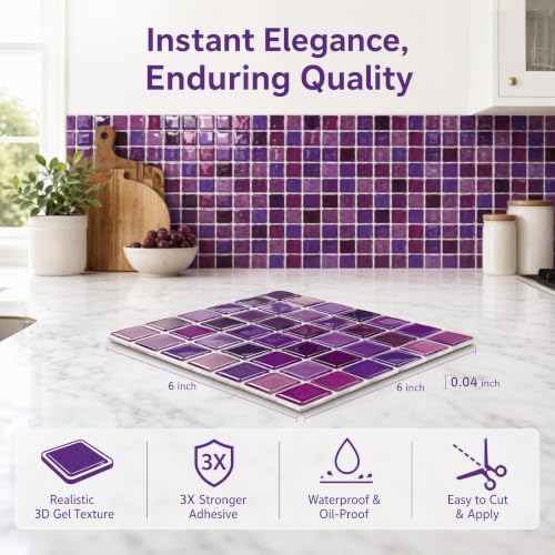 3D Mosaic Peel and Stick DIY Wall Backsplash Tiles (24, Purple) - color: Purple