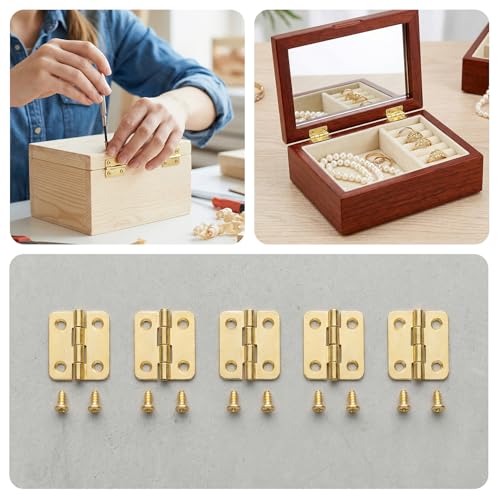10pcs Small Jewelry Box Hinges with Screws, 1'' Metal Hinge for Wooden Box, Folding Butt Hinges with 4 Holes for Furniture Accessories DIY Crafts - Brass Color