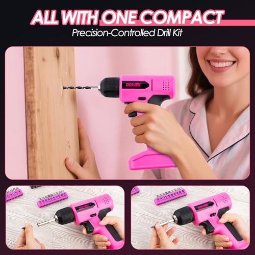 DOWELL 8V Cordless Drill Tool Set 58 PCS, Built-in LED, Variable Speed - color: Pink