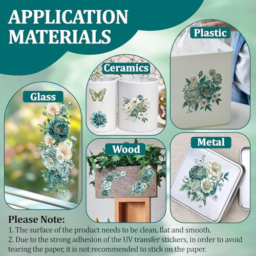 WANDIC 3 Sheets UV Rub on Transfer Stickers, Blue Green Hot Stamping Flowers Theme 3D Waterproof Decals for Cups Water Bottle Furniture, 15 * 30cm - color: Green Hot Stamping Flowers