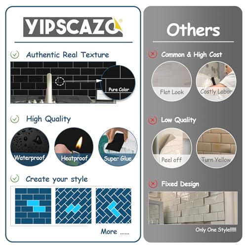Yipscazo 2026 New Upgrade Peel and Stick backsplash 3 x 6 Inches 3D PVC Composite Wall Tile Stick on Backsplash Tile for Kitchen Bathroom, Laundry Room, Fireplace(Pure Black, 100 Pieces)