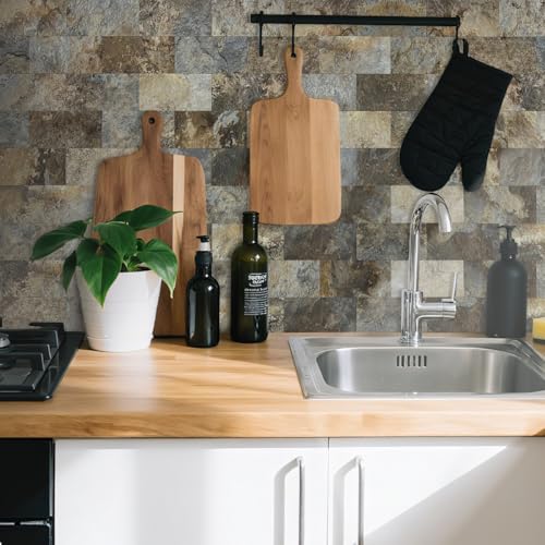 AULIGET 100-Piece Beige & Brown Slate Peel and Stick Backsplash Wall Tiles, 3" x 6" PVC Faux Stone Stick on Tile for Backsplash Kitchen, Bathroom, Laundry Room, Camper, Fireplace - color: Beige & Brown Slate