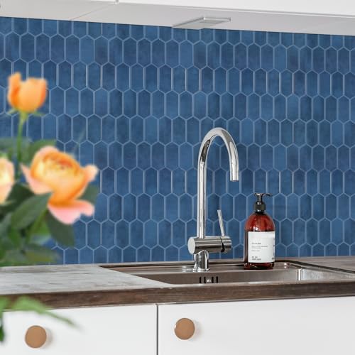 Peel and Stick Tile for Kitchen, Thicker Design 3D Self -Adhesive Long Hexagon Wall Tile Backsplash, Blue 10-Sheet 12"x12" Stick on Tiles, Peel and Stick Wall Tiles for Kitchen - color: Blue
