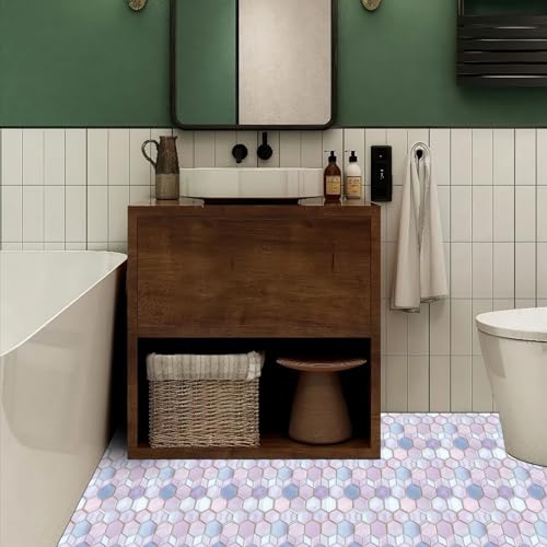 HOMETITUTE Pink Blue Hexagon Honeycomb Floor 12x12 Vinyl Tile - color: Pink