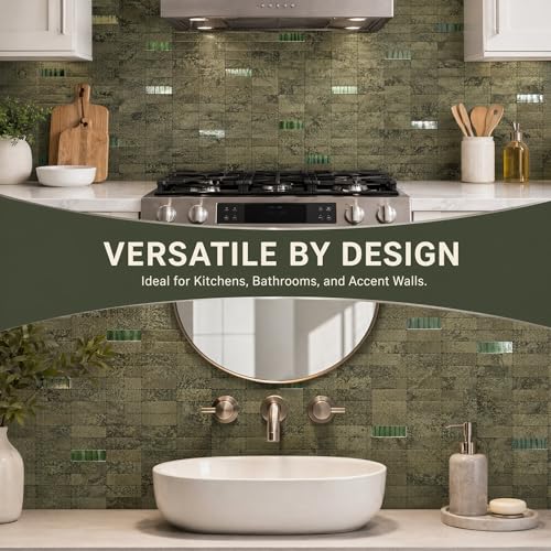 XUANINY Peel and Stick Tile Backsplash Self- Adhesive Wall Tiles Aluminum Mosaic Sticker for Kitchen (11.33"x11.92" Per Sheet, Pack of 10 pcs) (Ink Green 10) - color: Ink Green 10