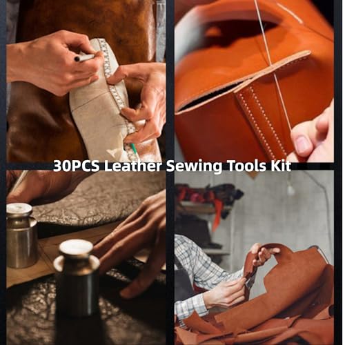 Leather Sewing Kit, 30PCS Repair Kit Heavy Duty Sewing Kit with Upholstery Thread, Sewing Awl, Hand Sewing Stitching Needles, Leather Craft Tool Kits for Shoes SofaTent Carpet Leathers Craft DIY