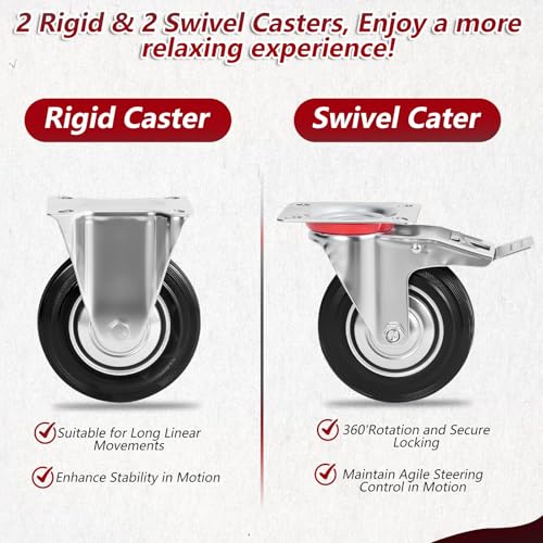 3 Inch Caster Wheels Set of 4, Heavy Duty Casters with Brake, Rubber Locking Casters for Cart, Workbench,Black (3"(2 Fixed+ 2 Swivel with Brake), 4) - style: 3"(2 Fixed+ 2 Swivel with Brake)