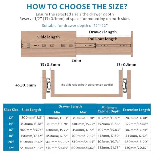 Onemake 14 Inch Soft Close Side Mount Drawer Slides Full Extension, 1 Pair - size: 14inch-350mm