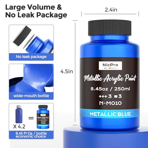 Nicpro Metallic Blue Acrylic Paint, 8.45oz/250ml Large Metallic Paint - color: Metallic Blue, size: 8.45 Fl Oz (Pack of 1)