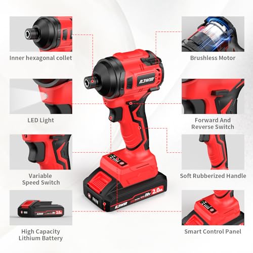 NAWIN Cordless Impact Driver Kit 20V Max Torque 240Nm(177ft-lbs)High Rotation Electric Impact Driver Brushless Motor Continuously Variable Rechargeable 1/4" impact driver 2.0Ah Batteries