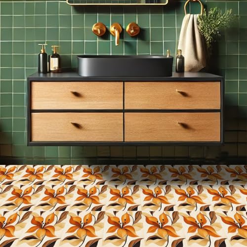 HOMETITUTE Orange Lily Flower Peel Stick Vinyl Floor Tile 12x12 Inch - style: Orange Floral