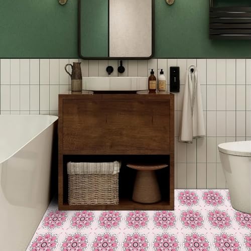 HOMETITUTE Pink Mandala Floral 12x12 Inch Peel Stick Vinyl Floor Tile - style: Pink Mandala