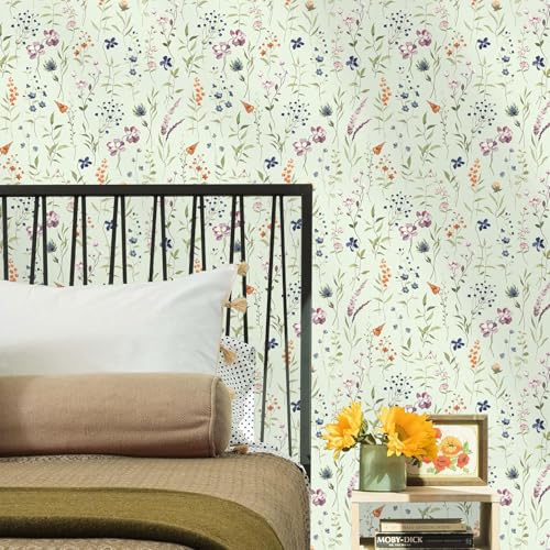 HLNIUC Flower Wallpaper,Floral Wall Papers Self Adhesive,Green Wallpaper Bedroom(44x300cm) Light Green Botanical Wall Paper,Plants Flower Leaf Wallpapers for Cabinets Countertops Covering - color: Flower 3