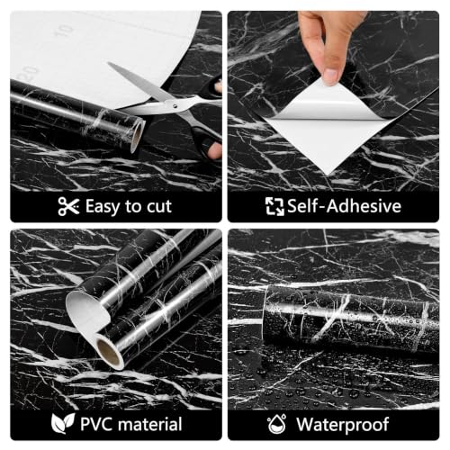 Black Glossy Marble Contact Paper 15.7"X472.4" Peel and Stick Wallpaper - color: Black, size: 15.7" x 236"