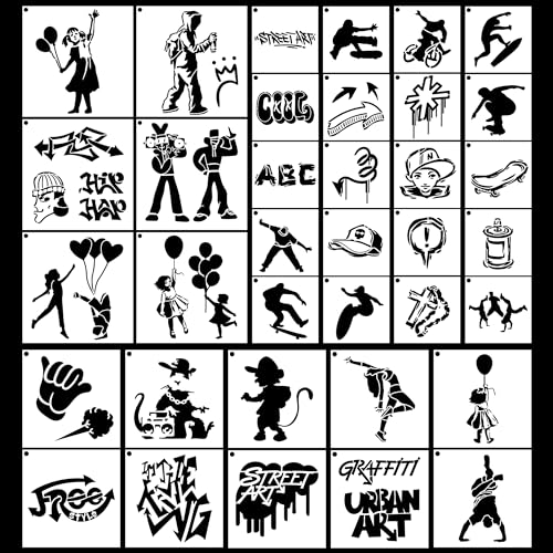 Sitsink Graffiti Stencils - 36 Pcs Reusable Street Art for Painting on Wood, Wall, Canvas, Rock, Skateboard - Doodle and Spray Painting Stencils - style: graffiti