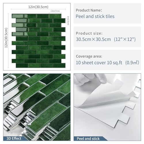 Green Peel and Stick Backsplash 3D Self Adhesive Wall Tile 10 Sheet - color: Green