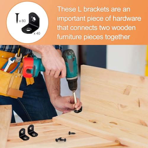 40 Pcs L Bracket Stainless Steel Corner Brace Sets, 90 Degree Right Angle Brackets with 80 Pcs Screws, L Bracket Firmware for Wooden Shelves, Chairs, Tables, Dressers, Furniture (Black) - size: 40PCS | 20×20MM, style: Black