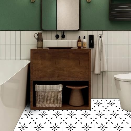 HOMETITUTE Black White Floral 12x12 Inch Peel Stick Vinyl Floor Tile - style: Black and White Floral