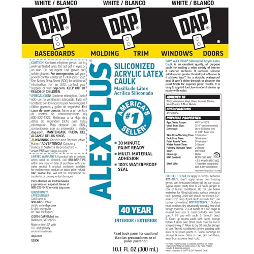 DAP Alex Plus Acrylic Latex Caulk, White, 10.1 Oz (7079818152) (Pack of 12) - size: 10.1 Oz (Pack of 12)
