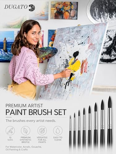 DUGATO Watercolor Brush Set of 10, Round Pointed Tip, Fine Synthetic - color: Black