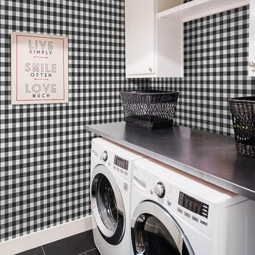 Checkered Wallpaper Black and White Wallpaper 17.3" × 196" Peel and Stick Modern Plaid Wall Paper for Cabinets Vinyl Renter Friendly Waterproof Self-Adhesive Bathroom Kitchen Bedroom - color: Black/White, size: 17.3" x 196"
