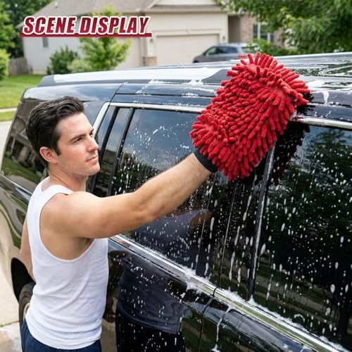 Craedli 2PCS Chenille Microfiber Car Wash Mitts, Soft Scratch and Lint-Free Dusting Microfiber Gloves for Car Washing and Detailing, Double Sided Absorbent Cars Home Cleaning Mitt Wash Gloves (Red) - color: Red