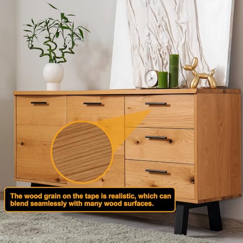 Wood Grain Repair Tape 6 Inch x 33ft Self Adhesive Repair Patch Tape Simulated Wooden Floor Tapes with Plastic Scraper for Tables Doors Windows Furniture, Black Walnut
