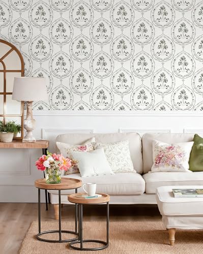 Boho Floral Peel and Stick Wallpaper Gray Green Self Adhesive Wallpaper - color: Gray Green