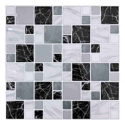 10-Sheet Marble Grey Peel and Stick Backsplash Tile 10" x 10", Self Adhesive 3D Wall Tile Waterproof Stick On Tiles for Kitchen Bathroom Fireplace, Grey Marble - color: Gray Marble