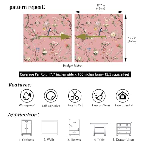CHIHUT Blush Pink Chinoiserie Wallpaper Floral Bird Contact Paper - color: Blush Pink, size: 17.7" x 100"